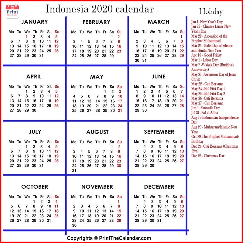 Indonesia Holidays 2020 [2020 Calendar with Indonesia Holidays]